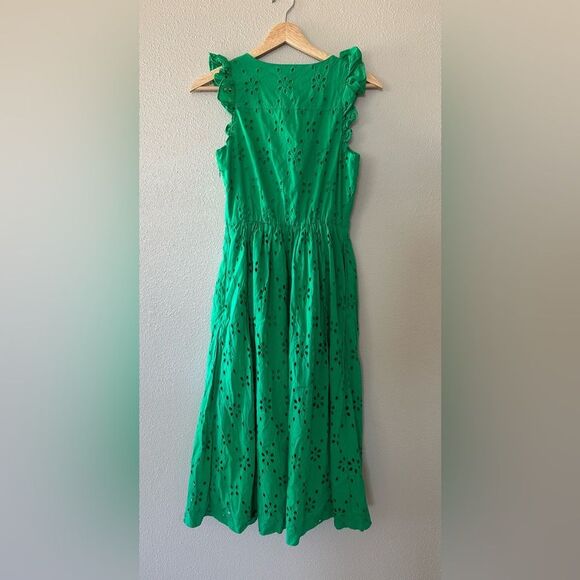 J Crew Eyelet Shirtdress Kelly Green Vintage Style A Line Midi Dress Size 00 - Picture 11 of 12